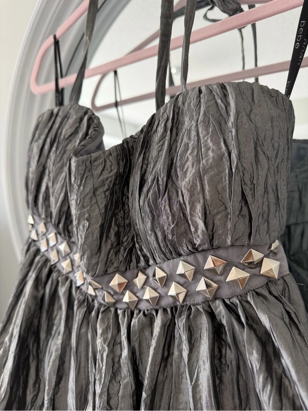 Y2K bebe Silver Crinkled Metallic Studded Waist Party Dress - Picture 6 of 6